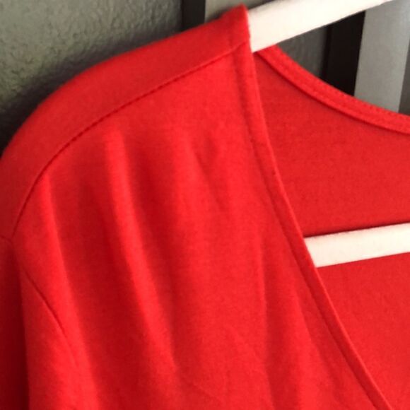 NWT LOFT flowy Orange/Red Rayon spandex bell sleeve V-neck dress size L - Picture 5 of 8